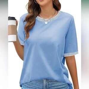 Short sleeve blue t shirt with strips knitted loose fit